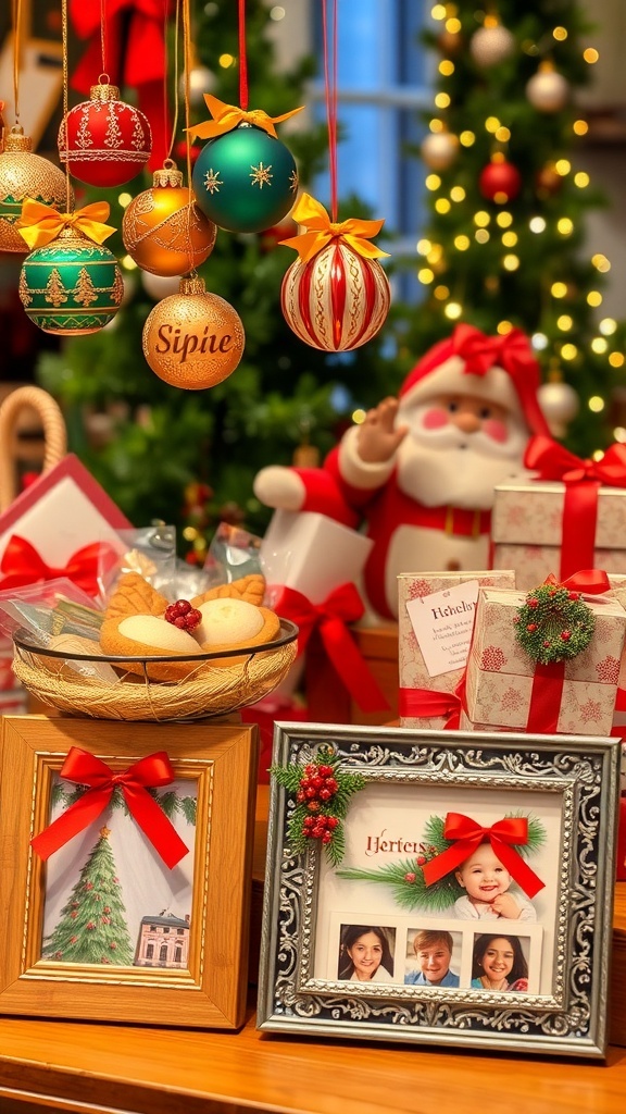 Quick Handmade Christmas Gift Ideas A collection of handmade Christmas gifts including ornaments, baked goods, and photo frames in a festive setting.